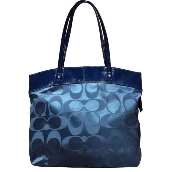 Coach Laura patent leather satin fabric navy blue sholder tote bag. - Picture 11 of 11